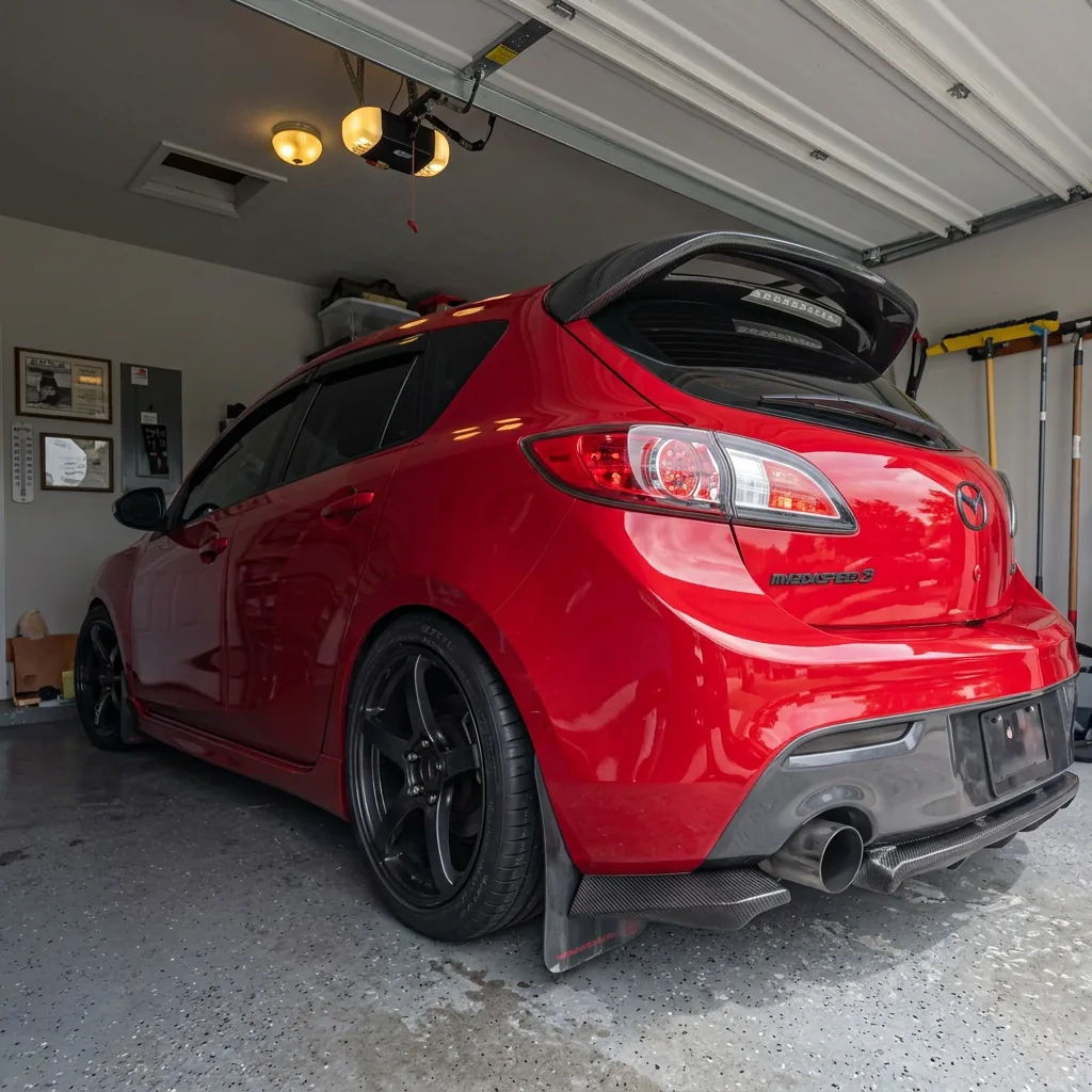 Rear of red Mazdaspeed 3 after paint correction and polish